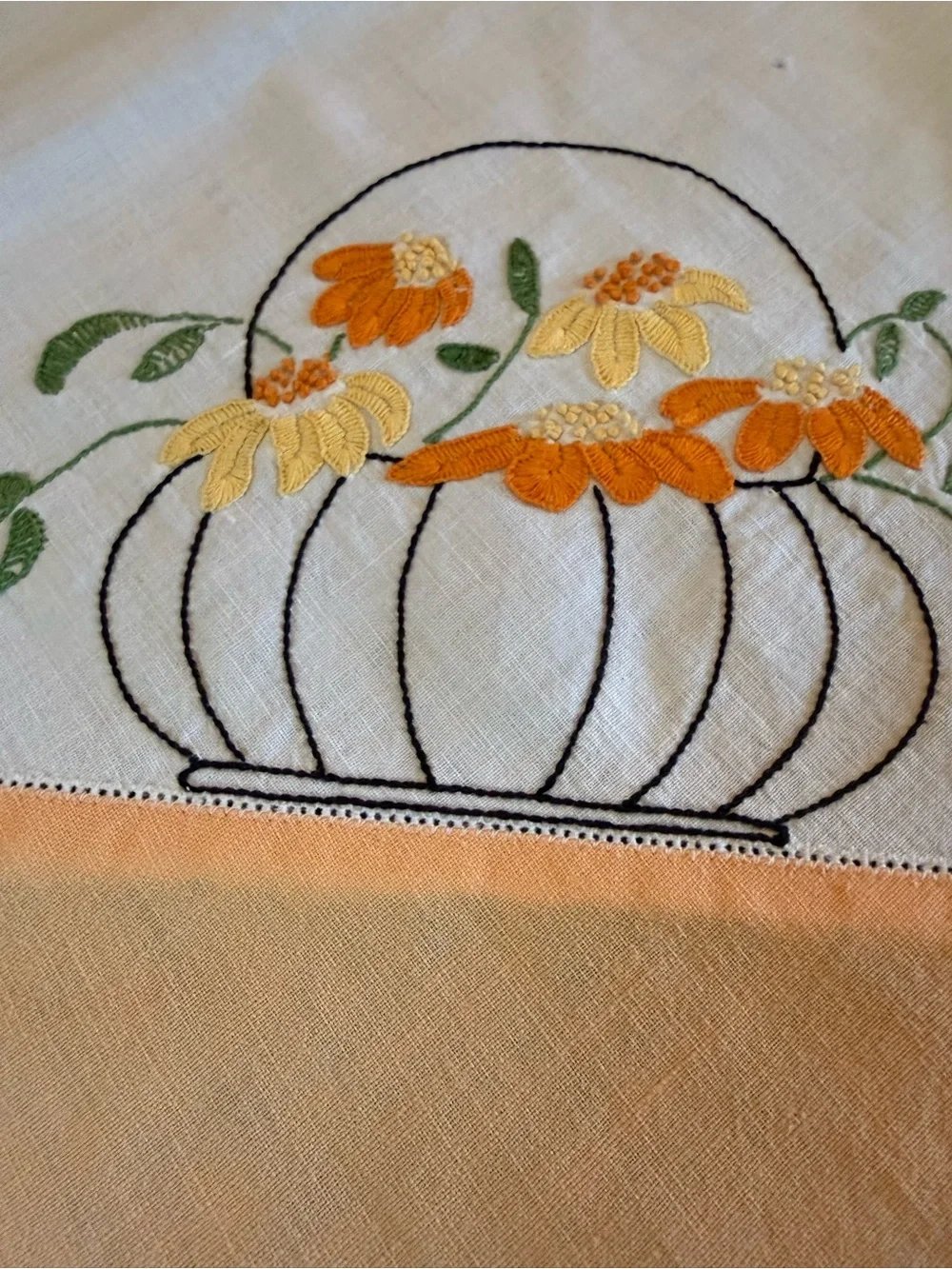 Vintage Embroidered Floral Basket Tablecloth - Orange and White Fall